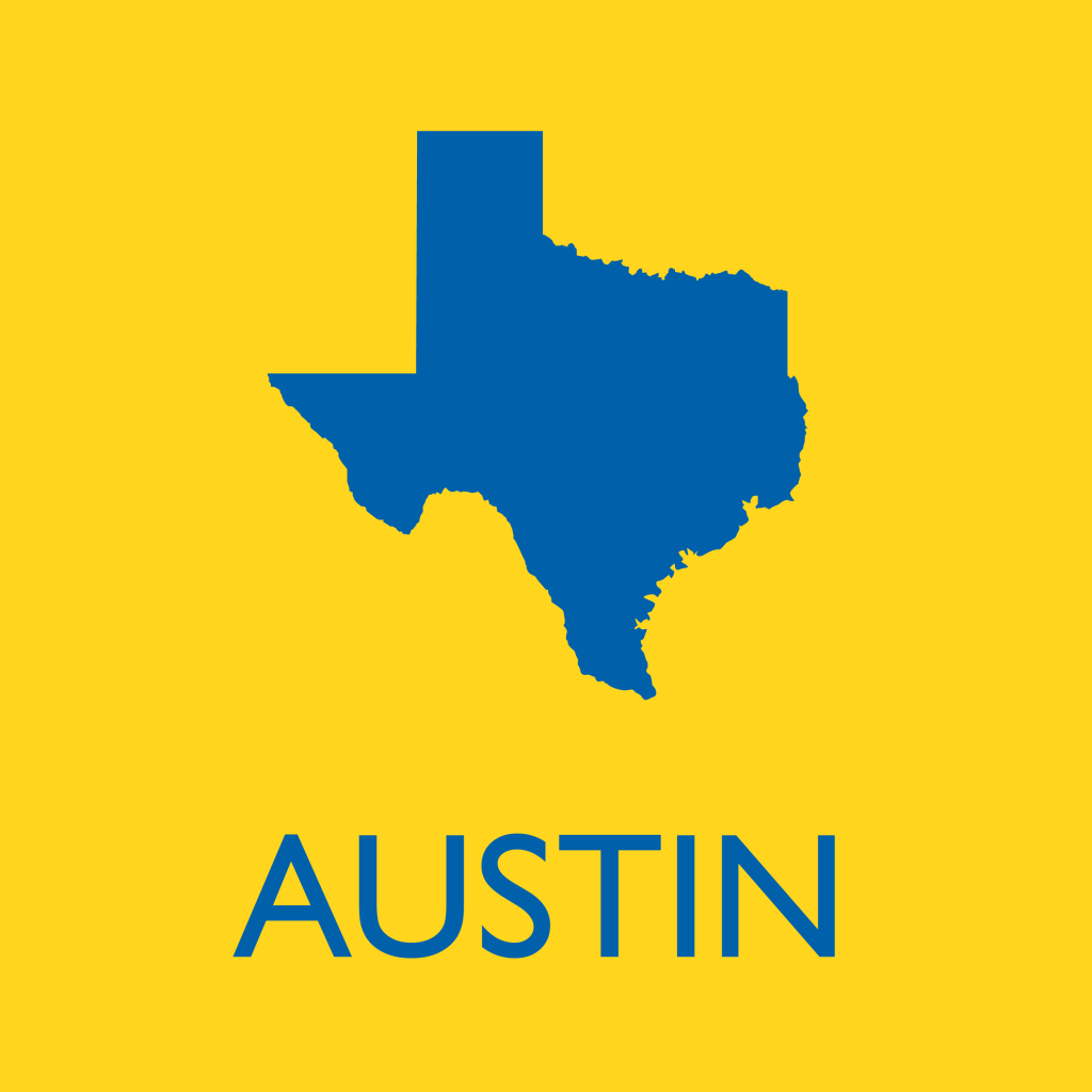 Outline of Texas with text for the city of Austin
