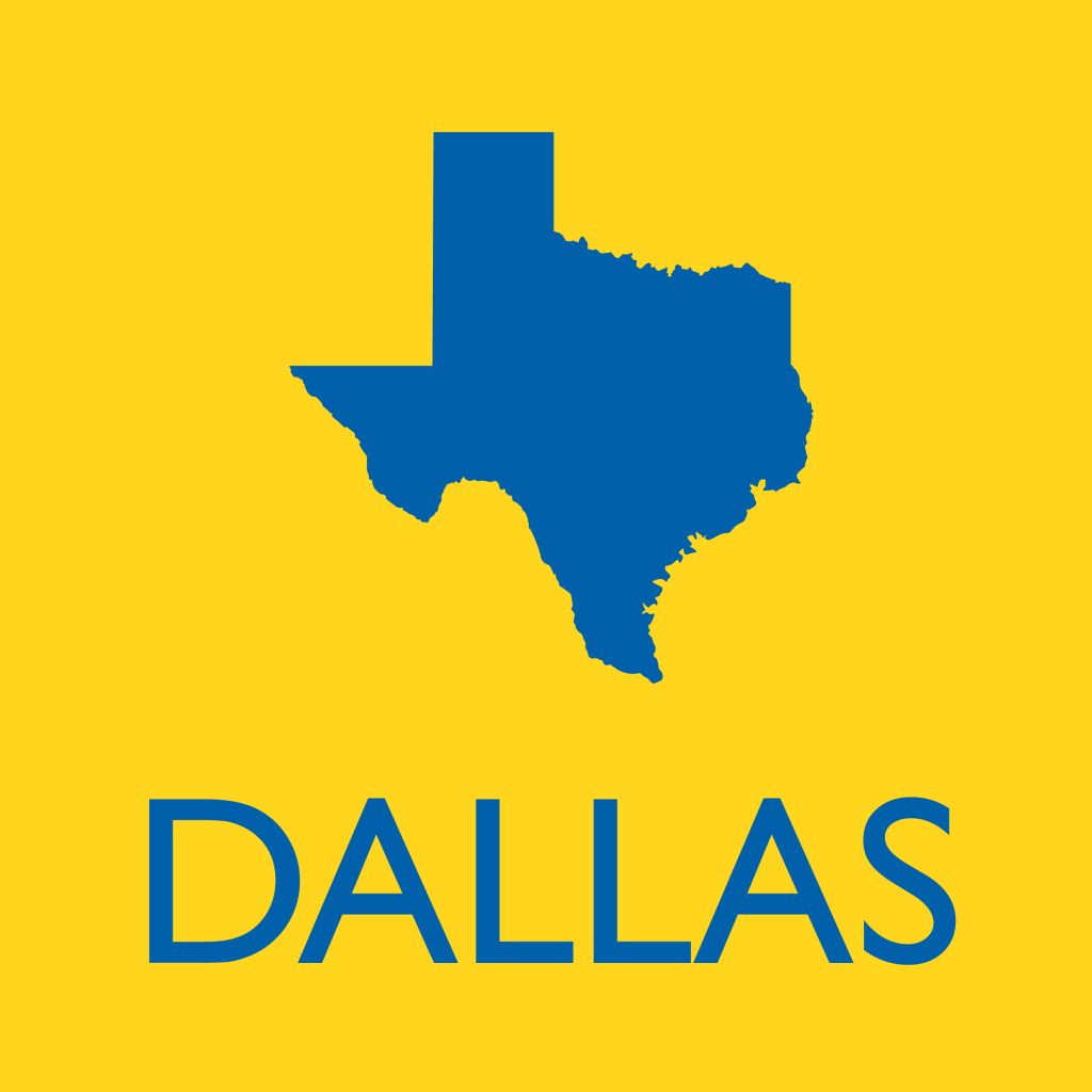 Outline of Texas with text for the city of Dallas