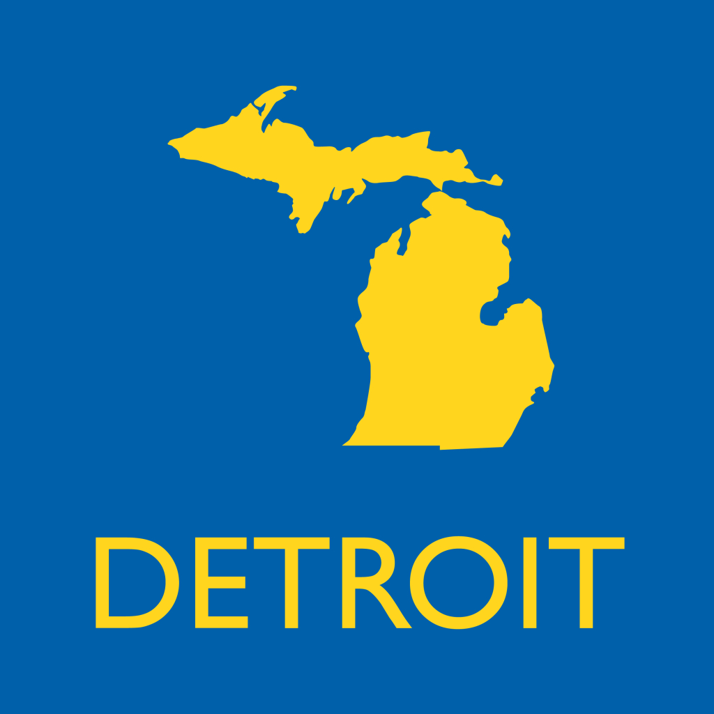 Outline of Michigan with text for the city of Detroit