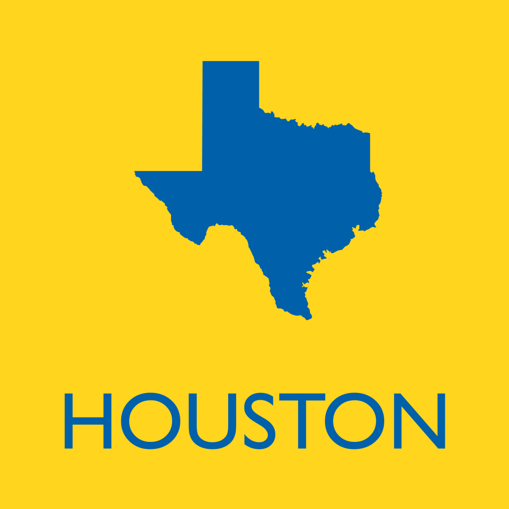 Outline of Texas with text for the city of Houston