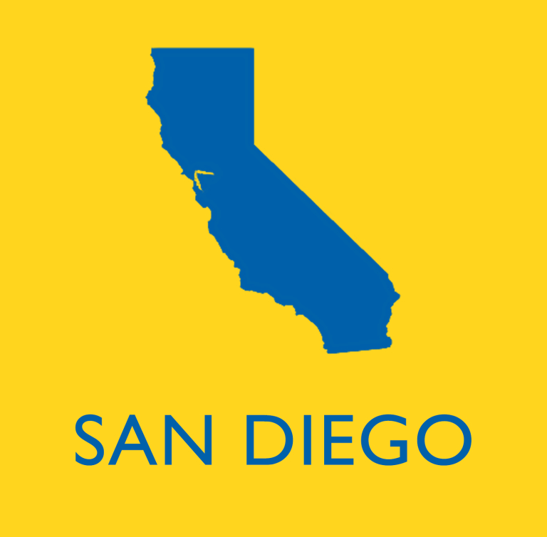 Outline of California with text for the city of San Diego