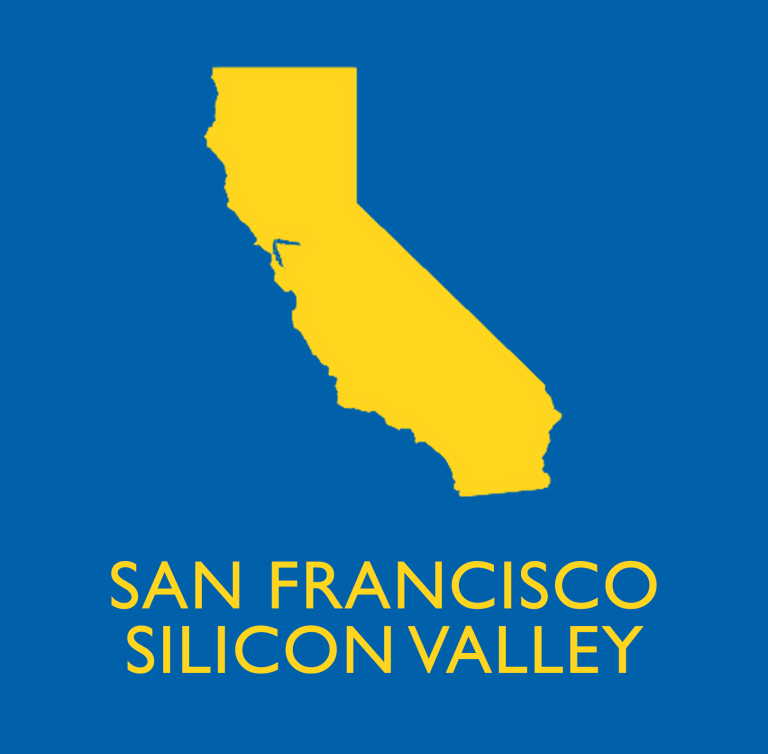 Outline of California with text for the San Francisco and Silicon Valley region